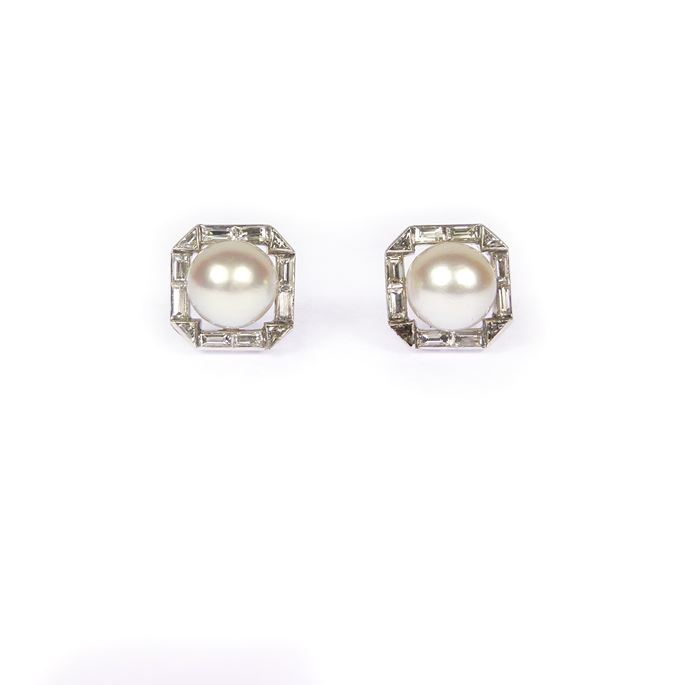 Pair of cream pearl and diamond cluster stud earrings | MasterArt